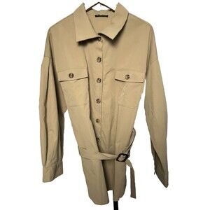 Shein Curve Trench Coat 2XL Neutral Beige Button Up Belt Pocket Classic Academia
